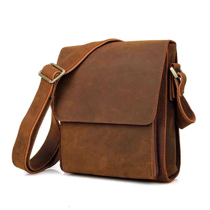 Vintage Shoulder for Men Crazy Horse Crossbody Male Genuine Leather Handbag Men's Travel Tablet Messenger Bag
