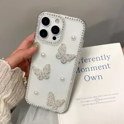 Funda para teléfono suave clara de diamante y mariposa perlada
