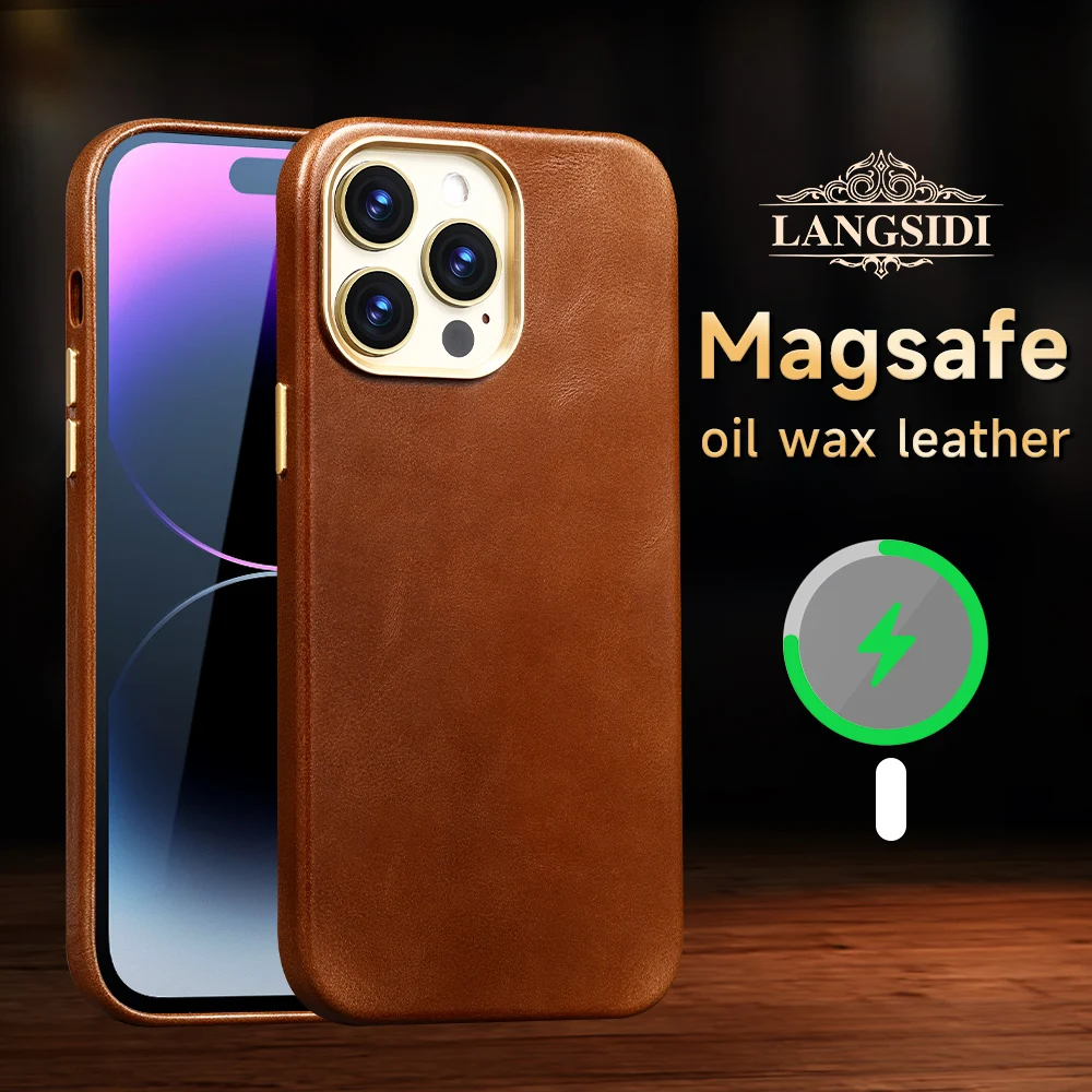 Original Leather for Magsafe Case for iPhone 14 13 Pro Max 14 Plus 14Pro Retro Luxury Wireless Charging Magnetic Back Cover