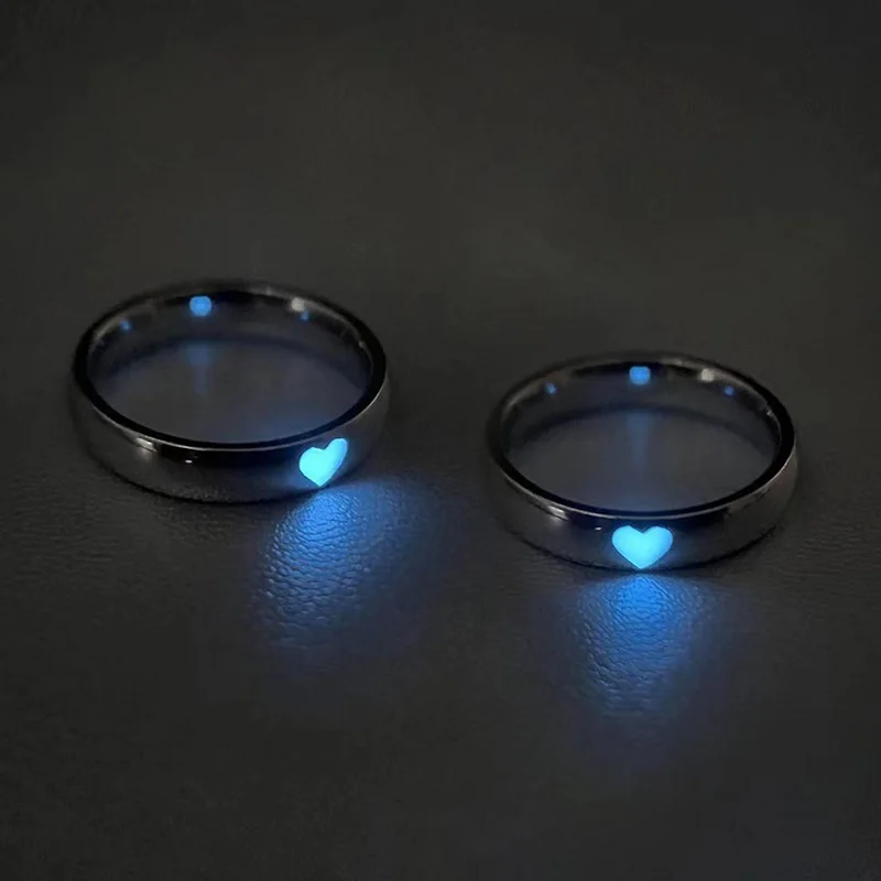 Luminous Love Heart Finger Ring Glow In Dark Fashion Adjustable Couples Rings Silver Color Pink Blue Light Jewelry Lover Gift couples rings finger ring silver ring adjustable rings