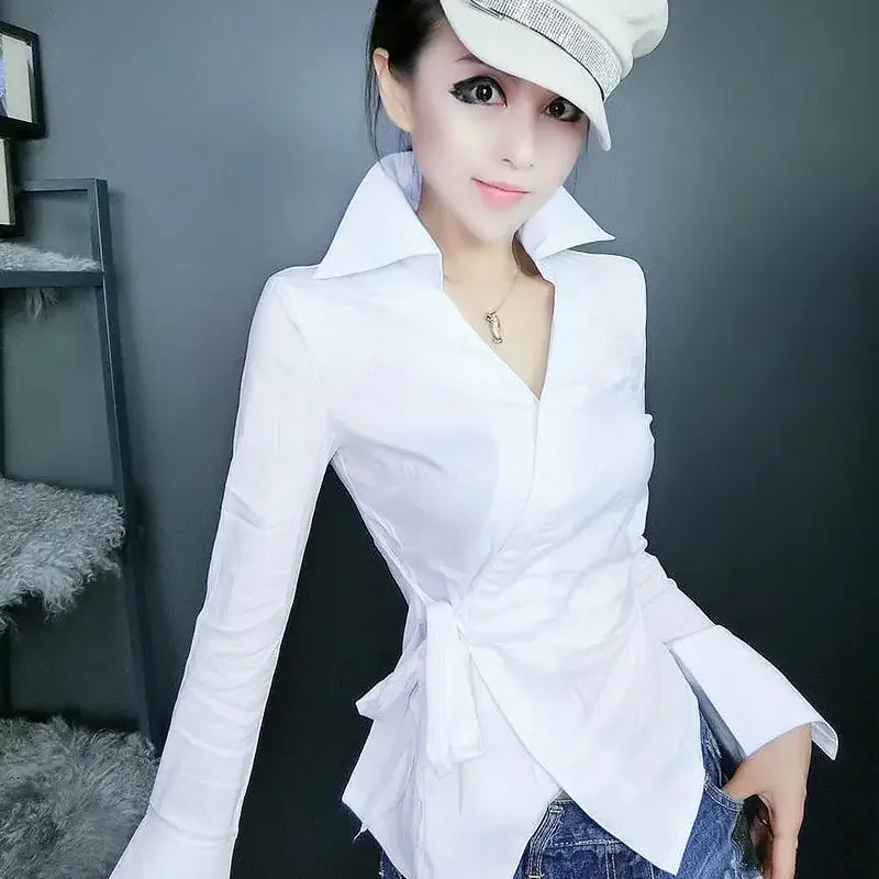 Luxury Slim Long-sleeved Shirt Women White Blouse Korean Fashion Top Lace-up Chic New Black Jacket Office Ladies 2022 hollowed cut loose suit black casual chic versatile unisort men s and women s outerwear new