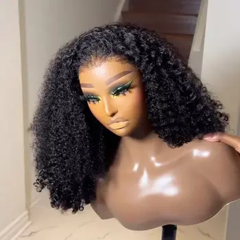 Short Bob Blunt Cut  Kinky Curly 13X4 HD Lace Frontal Wigs Synthetic Wig Preplucked With Baby Hair Bleached Knots Glueless Wig