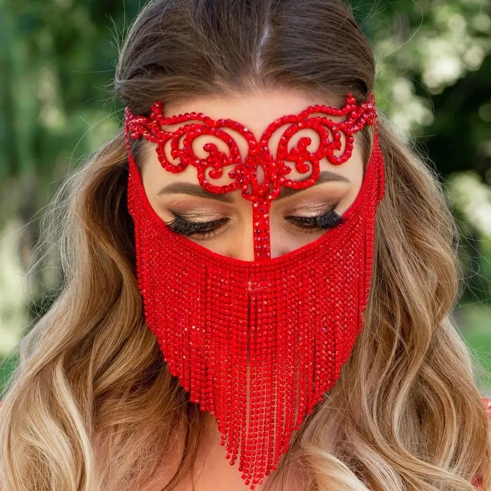 2024 Tassel Veil Masks Women Headwear Rhinestone Chain Face