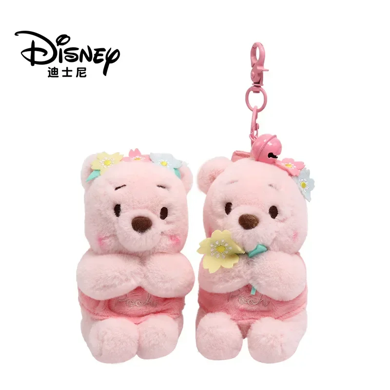 Cute and Soft Winnie the Pooh Plush Toy Keychain with Sakura Design anime plush pattern printing full protection pu leather phone stand case wallet cover with wrist strap for iphone 13 pro 6 1 inch red sakura