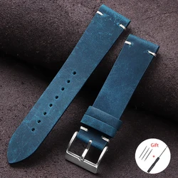 Premium Oil Wax Leather Watch Band - Classic Strap - 22mm (Blue)