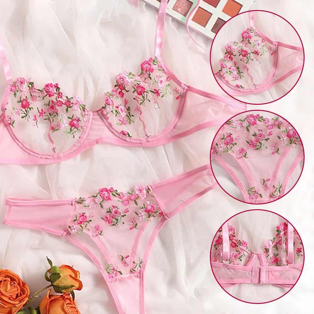 

Women Lace Pink Flower Embroidery Bra Thong Underpants 2pcs Set Sexy See Through Nightwear Pink Color Exquisite Lingerie