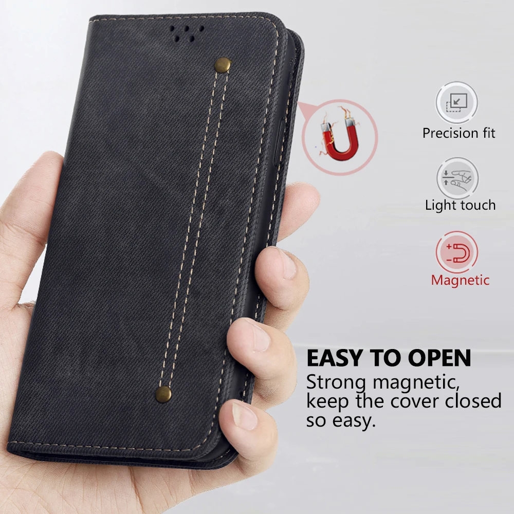 Luxury Leather Flip Wallet Case with Card Slot and Magnetic Closure - Ultra Denim Texture Cover