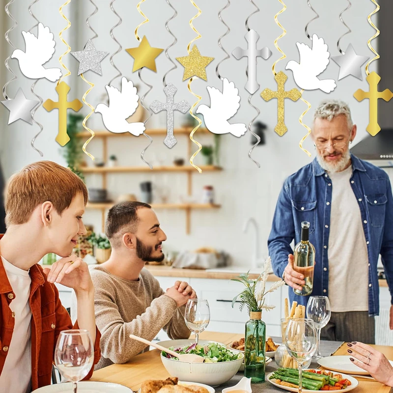 6/12Pcs First Communion Hanging Swirls God Bless and Peace Pigeon Paper Garland Boys Girls Baptism Party Decoration Baby Shower