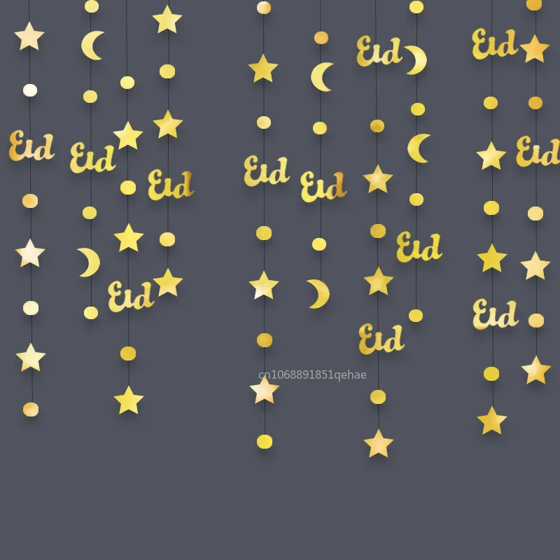 Glitter Paper Gold Star Moon Garlands Streamer Eid Mubarak Hanging Ornaments Ramadan Kareem Decor Banner Muslim Party Supplies