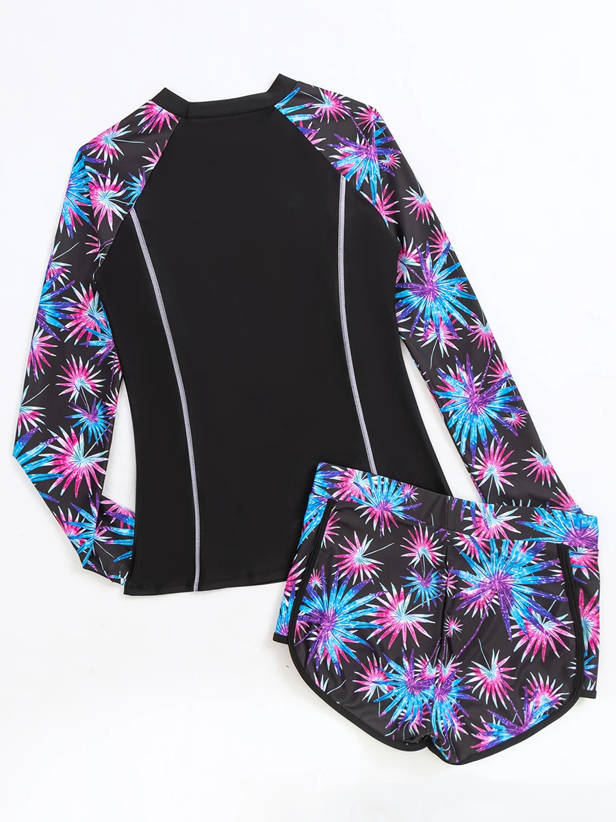 Long Sleeves Surfing Swimsuit Print Swimwear Women Two Pieces Diving Clothes Beachwear Bathing Swimming Swim Suit