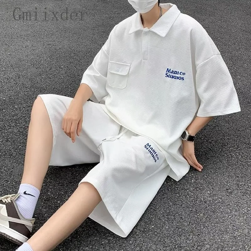 

Casual Sports Set Men Trend Loose Fitting Preppy Handsome Short Sleeved Lapel Letter Shirt and Cityboy Shorts Kpop Two-piece