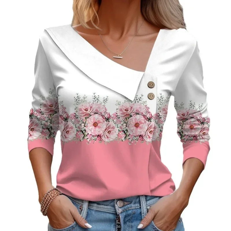 

Spring and Autumn New Women's T-shirt Long-sleeved Slant Collar Colour Blocking Flowers Casual Printed Ladies T-shirt Commute