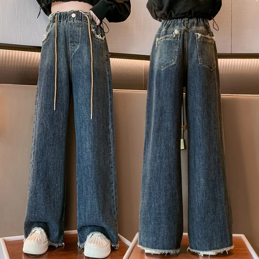 

Teenager Girls Jeans Blue Casual Wide Leg Pants for Kids Spring Autumn Loose All-match Children School Denim Straight Trousers