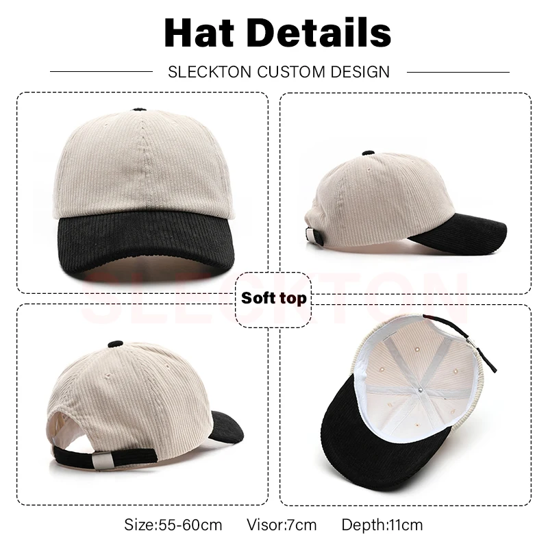 SLECKTON Logo Custom Baseball Cap for Men and Women Brand Design DIY Embroidery Print Summer Sun Hat Corduroy Unisex Wholesale 2