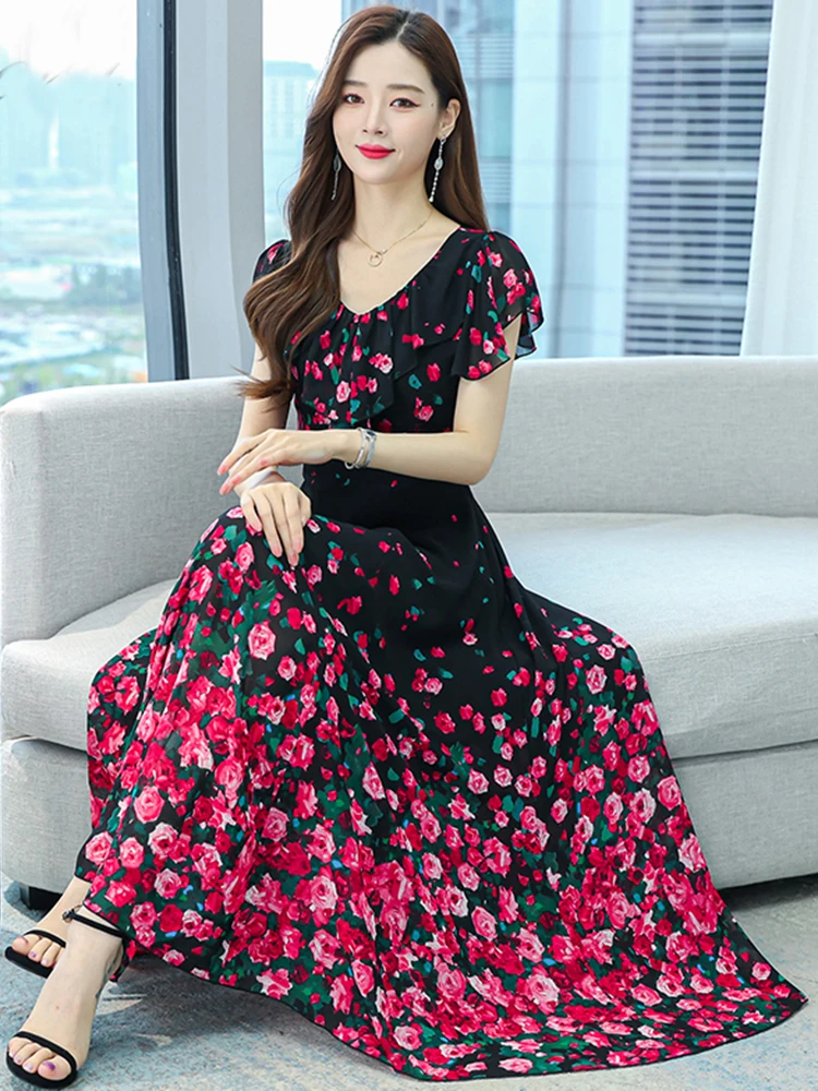 Elegant Korean Fashion Beach Dress Blue Chiffon 2023 Summer Clothes For