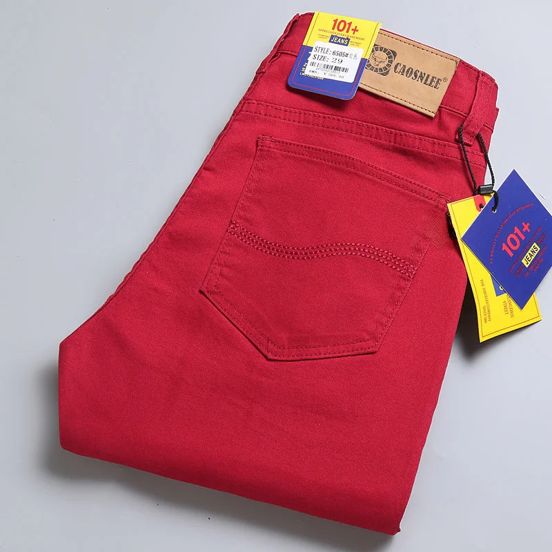 

2023 New Spring Men's Slim Jeans Classic Style Straight Elasticity Cotton Denim Pants Male Brand Wine Red Black White Trousers