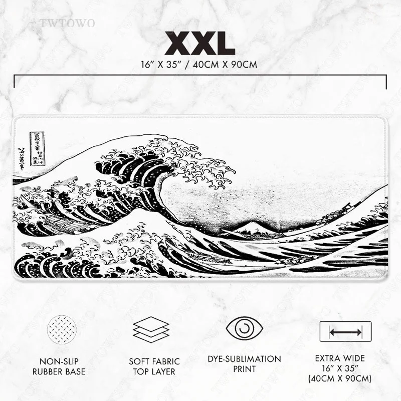 Japão Arte Grandes Ondas Mouse Pad Gaming xl Personalizado hd Novo Mousepad Xxl Playmat Non-slip Computador de Escritório Almofada de Ratos Preto & Branco - Imagem 4