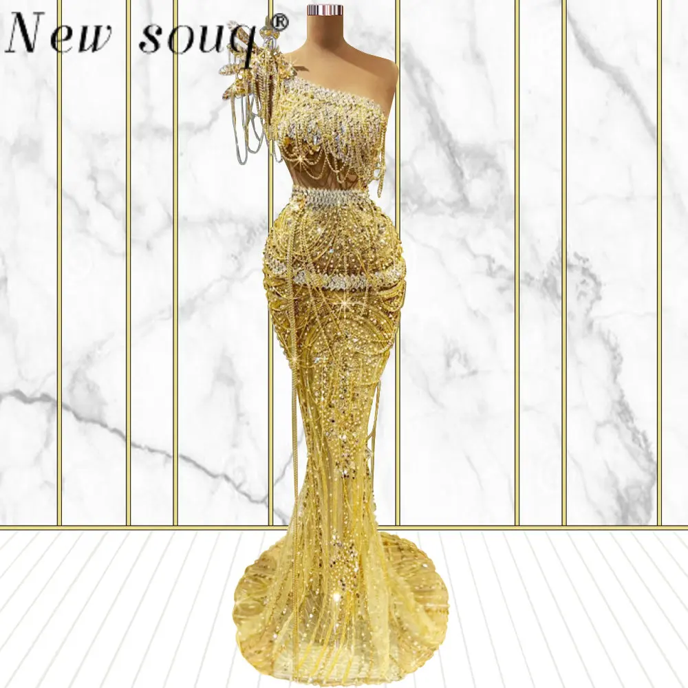 

Luxury Crystals One Shoulder Yellow Dubai Evening Dresses for Women Wedding Party Mermaid Long Graduation Pageant Prom Gowns