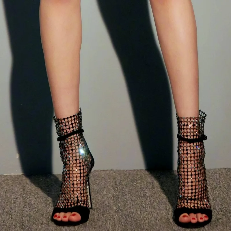 

Elastic Mesh Rhinestone Roman High Heels Slim Heel Cutout Versatile Peep Toe Sandals Sexy Cool Boots Banquet Women Shoes