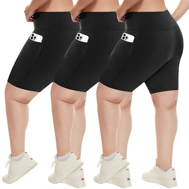 Women's High-Waisted Yoga Shorts Plus Size Workout Leggings with Dual Pockets Stretch European Style Activewear for Gym & Casual