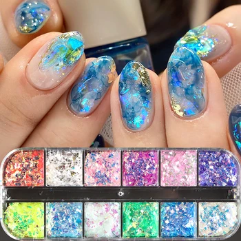 12 Grids Irregular Flakes Nail Sequins Glitter Holographic Mermaid Blue Pink Summer Design Nail Art Glitter Decorations Manicure 1