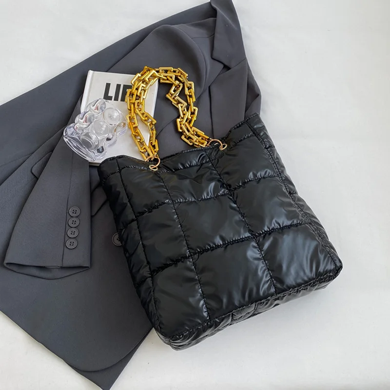 Borse a tracolla moda invernale tinta unita per donna, borse da donna in cotone scozzese con catena casual in acrilico_voghion.com