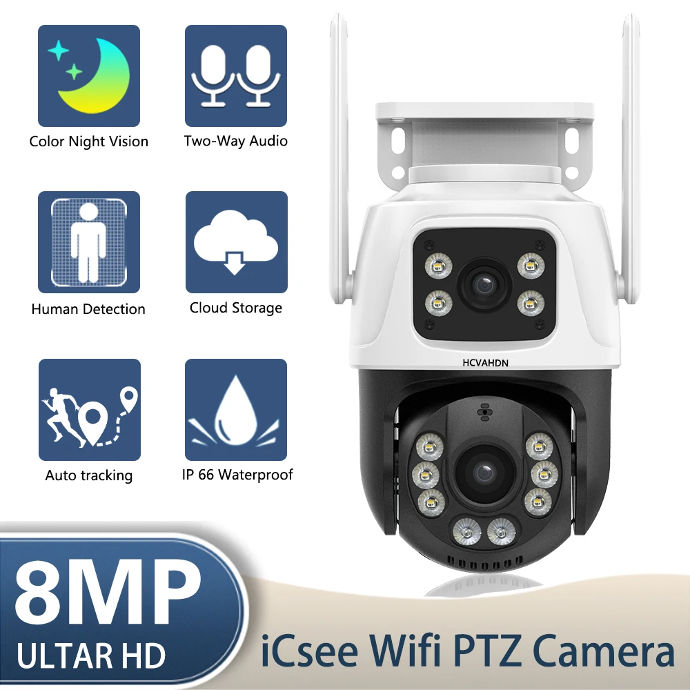 ICSEE WiFi Surveillance Camera 4K 8MP Wireless Security Cameras Human Detection Outdoor CCTV IP Camera Dual Lens Auto Tracking