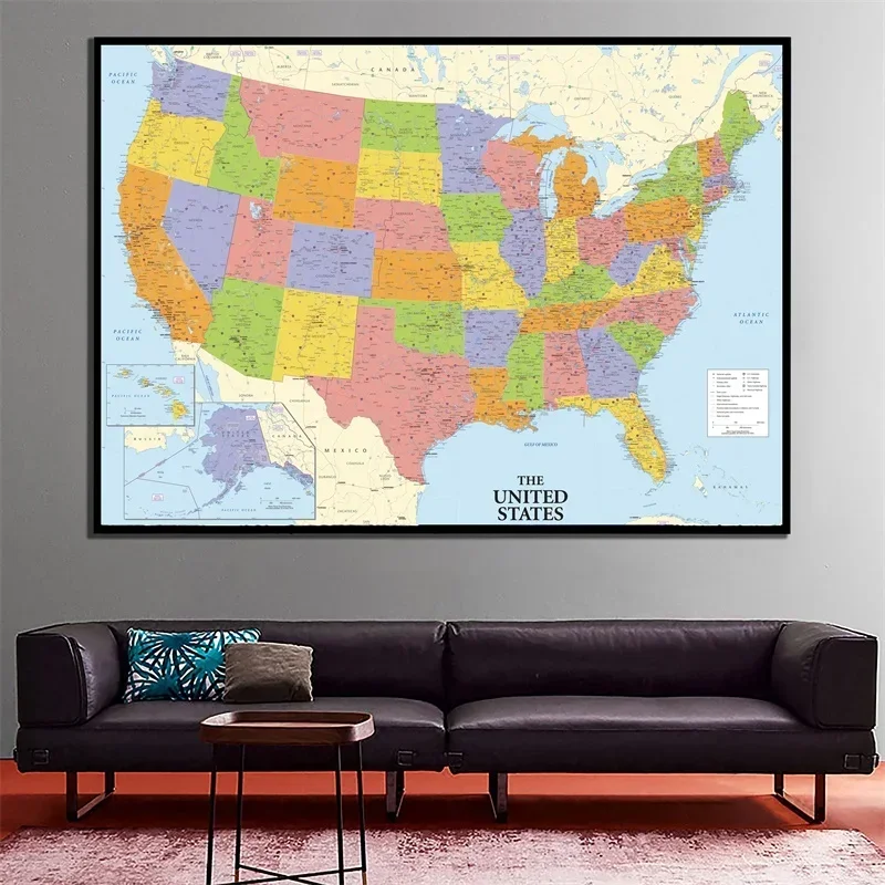 A2 Size Fine Canvas Printed Unframed Map of The United States Roll Packaged Wall Decor America Map for Home Office Decor