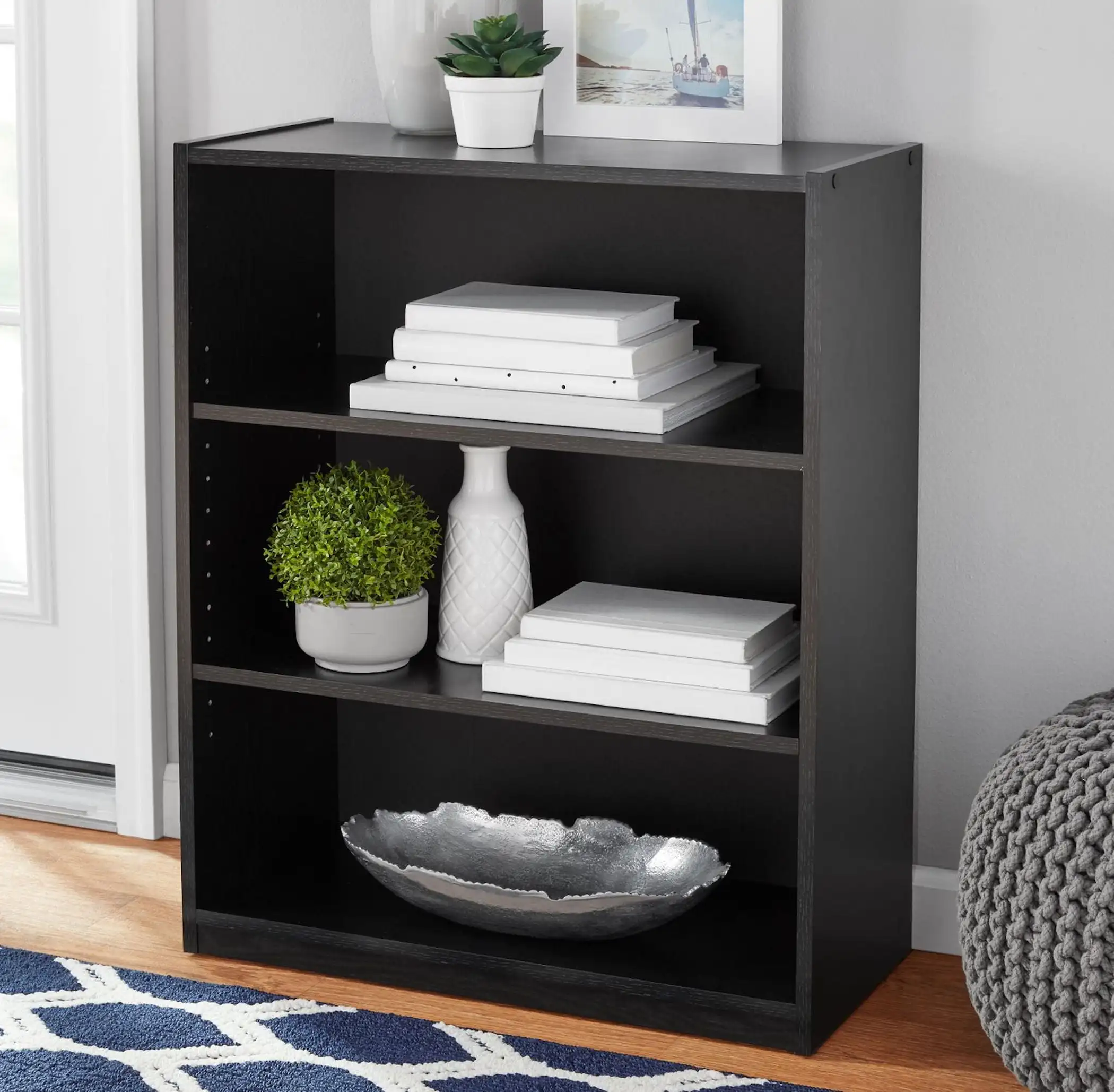 

3-Shelf Bookcase with Adjustable Shelves, True Black Oak/White