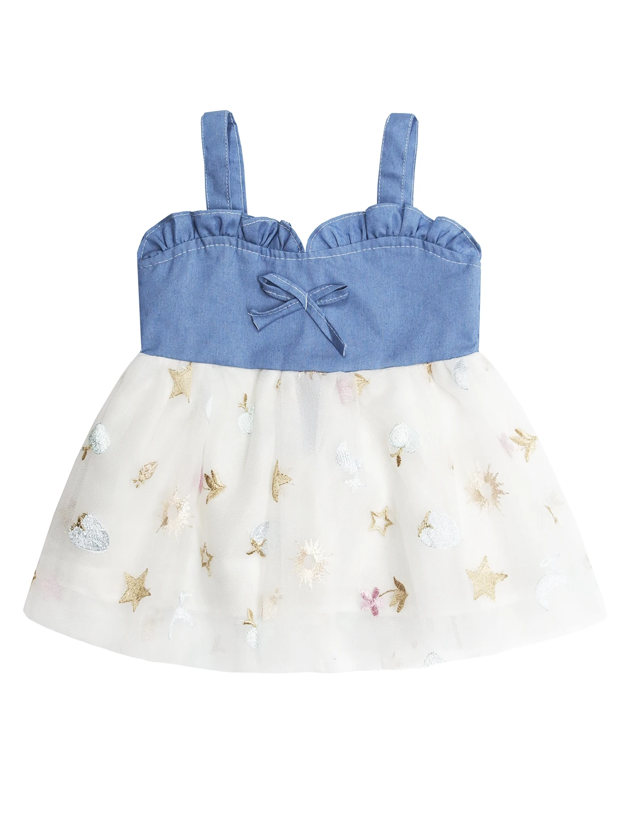 Kidscool Space Neonate Tuta Jean Dress, Gonne Con Bretelle In Tulle Impiombato Bicolore Ricamato Cielo Stellato