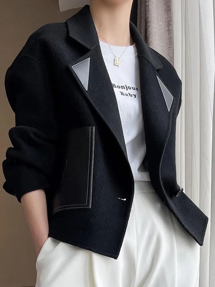 

Jackets Spring 2023 Women's Loose Turn-down Collar Wool Coat Solid Casual Pockets Single Button Black Coats and Jackets Women