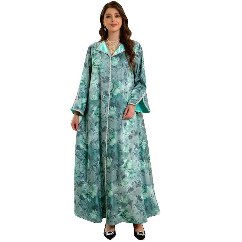 

Middle Eastern Muslim Women Dress Jalabiya Fashion Floral Print Satin Diamond Dubai Robe Long Sleeves Elegant Abaya Party Gowns