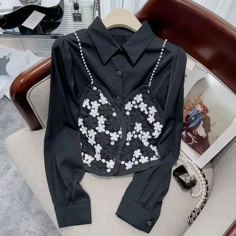 

DAYIFUN-Women's Long-sleeved Blouses Heavy Industry Twig Color Contrast Shirts Lady Design Feeling Spring Autumn Tops 2024