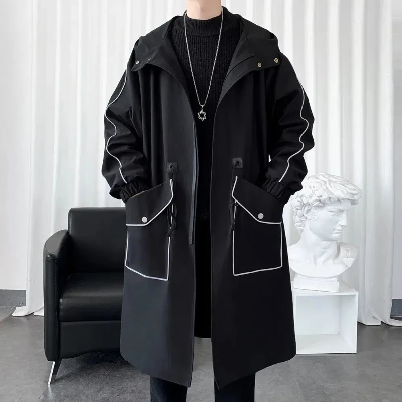 Spring New Men Korean Trend Loose Over the Knee Parka Handsome Pocket Long Sleeved Drawstring Hooded Windbreaker Coat