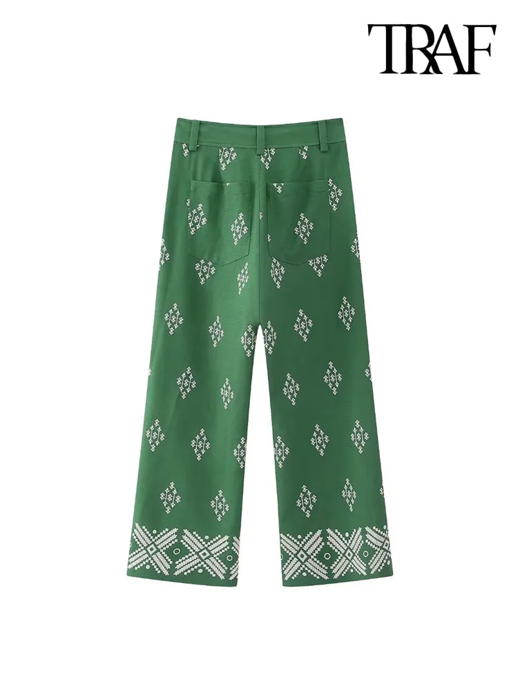 TRAF سراويل مستقيمة عصرية مطرزة من الكتان للنساء بنطلون كاحل عتيق بخصر عالٍ وسحّاب للنساء 4 TRAF سراويل مستقيمة عصرية مطرزة من الكتان للنساء بنطلون كاحل عتيق بخصر عالٍ وسحّاب للنساء 4