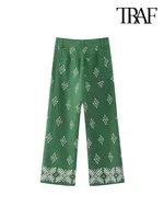 TRAF سراويل مستقيمة عصرية مطرزة من الكتان للنساء بنطلون كاحل عتيق بخصر عالٍ وسحّاب للنساء 1