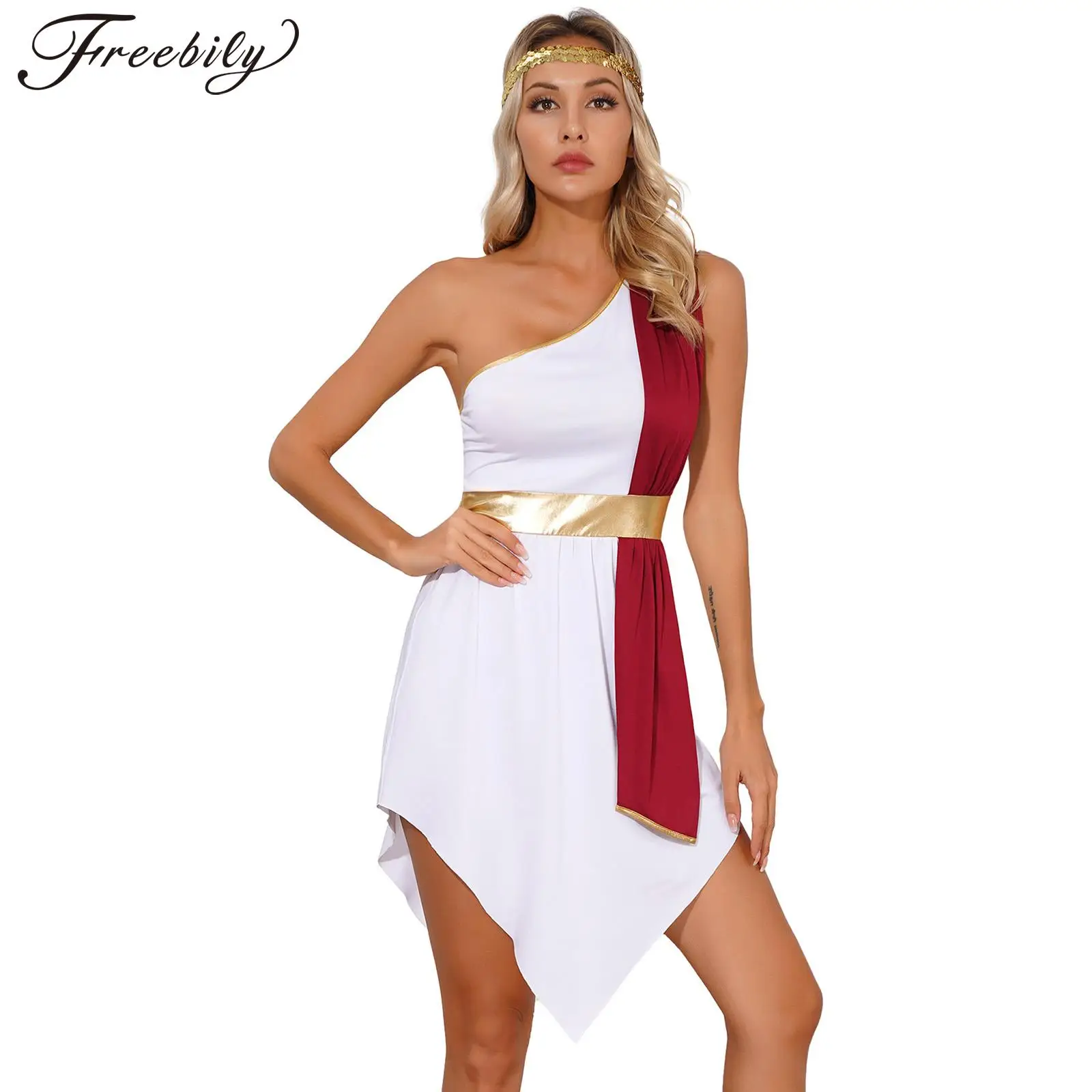 

Womens Halloween Ancient Greek Roman Godess Cosplay Costume One Shoulder Dress with Headband Cleopatra Role Play Toga Robe