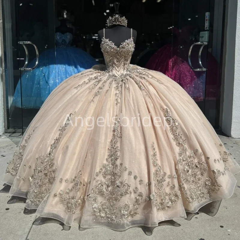 Angelsbridep Champagne Glitter Sweetheart Vestido De 15 Quincea&ntilde;era Spaghetti Straps Ball Gown Quinnceanera Dresses