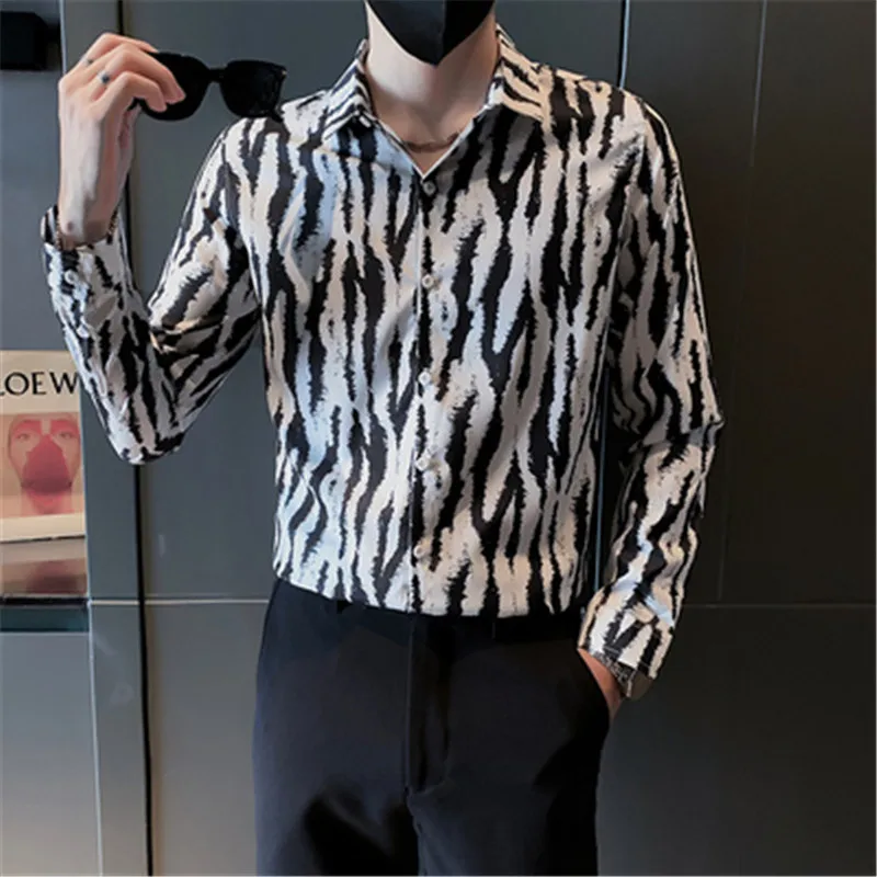 

Social Shirts Camisa Men Turn Down-Collar Long Sleeve Casual Shirt Man Zebra Print Korean Fashion Shirts & Blouses Male Clothes