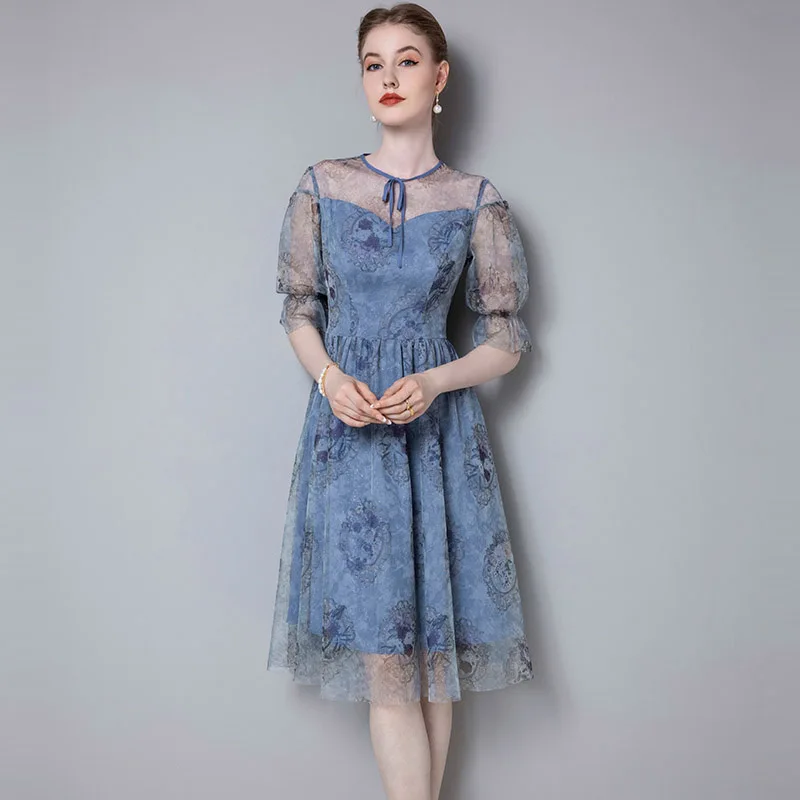 

High end temperament dress women's wear new vintage Lantern Sleeve mesh skirt in summer