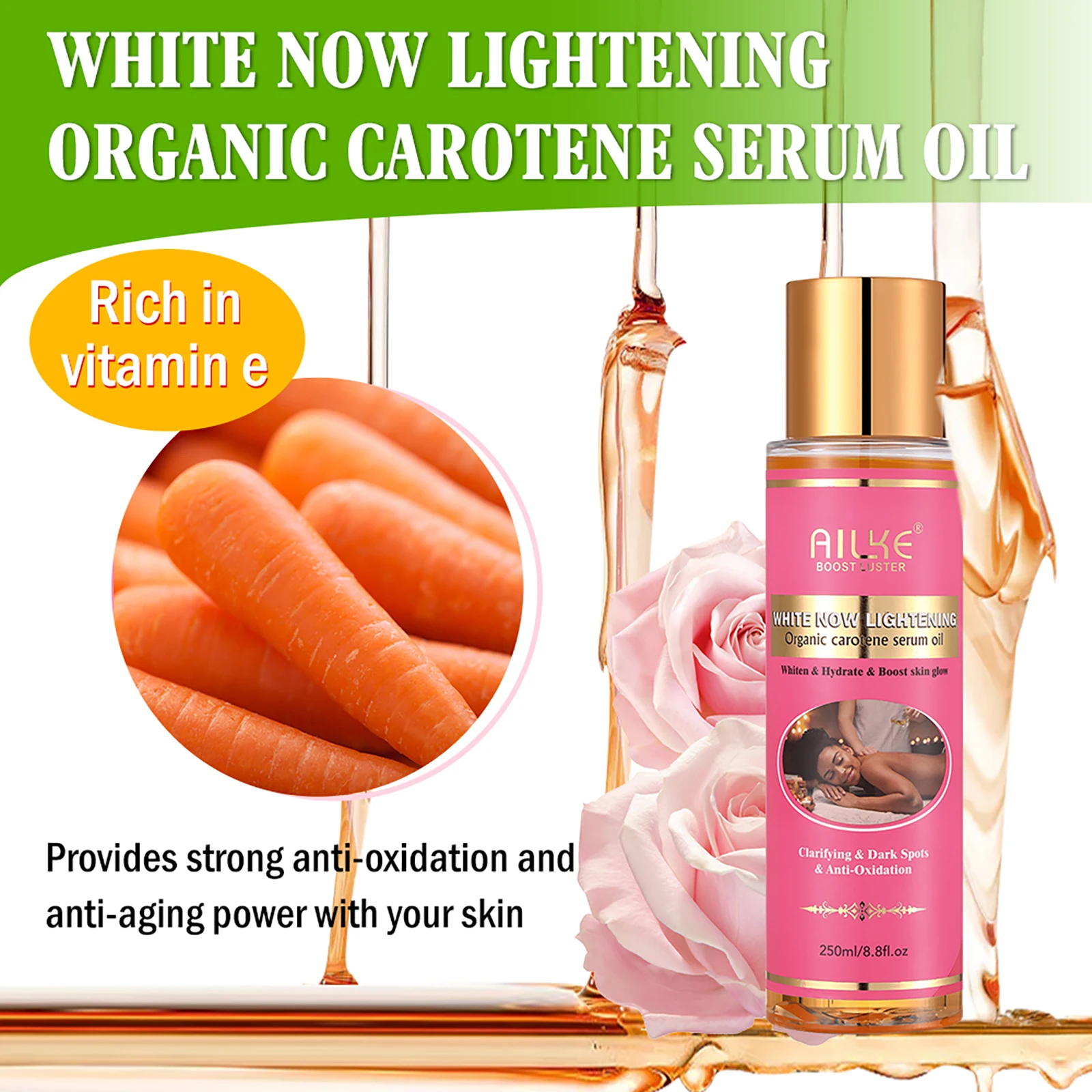 AILKE Organic Carrot Massage Oil, Moisturizing, Brightening, Hydrating, Remove Wrinkles, Dark Spots, for All Skin Types, 250ml