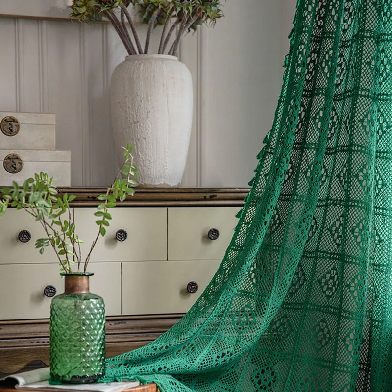 

MCAO Boho Chic Crochet Knitting Cotton Linen Window Curtain Panel Farmhouse Retro Green Sheer Curtains for Living Bedroom TJ6792