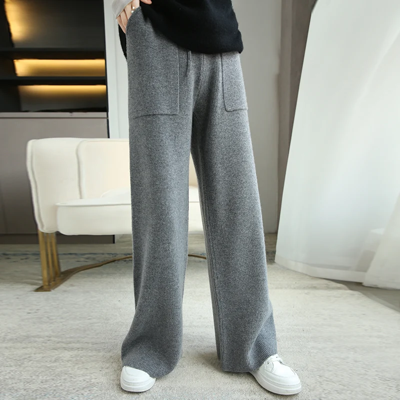 

Large size wide leg pants women autumn and winter high waist thin front pocket wool pants thickened long outer wear casual knitt