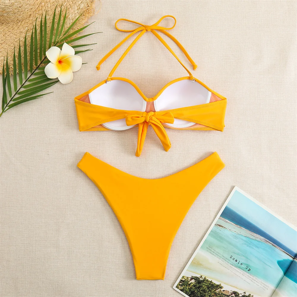 maillot de bain, bikini, Y2K, bandeau torsadé, push-up, taille haute,