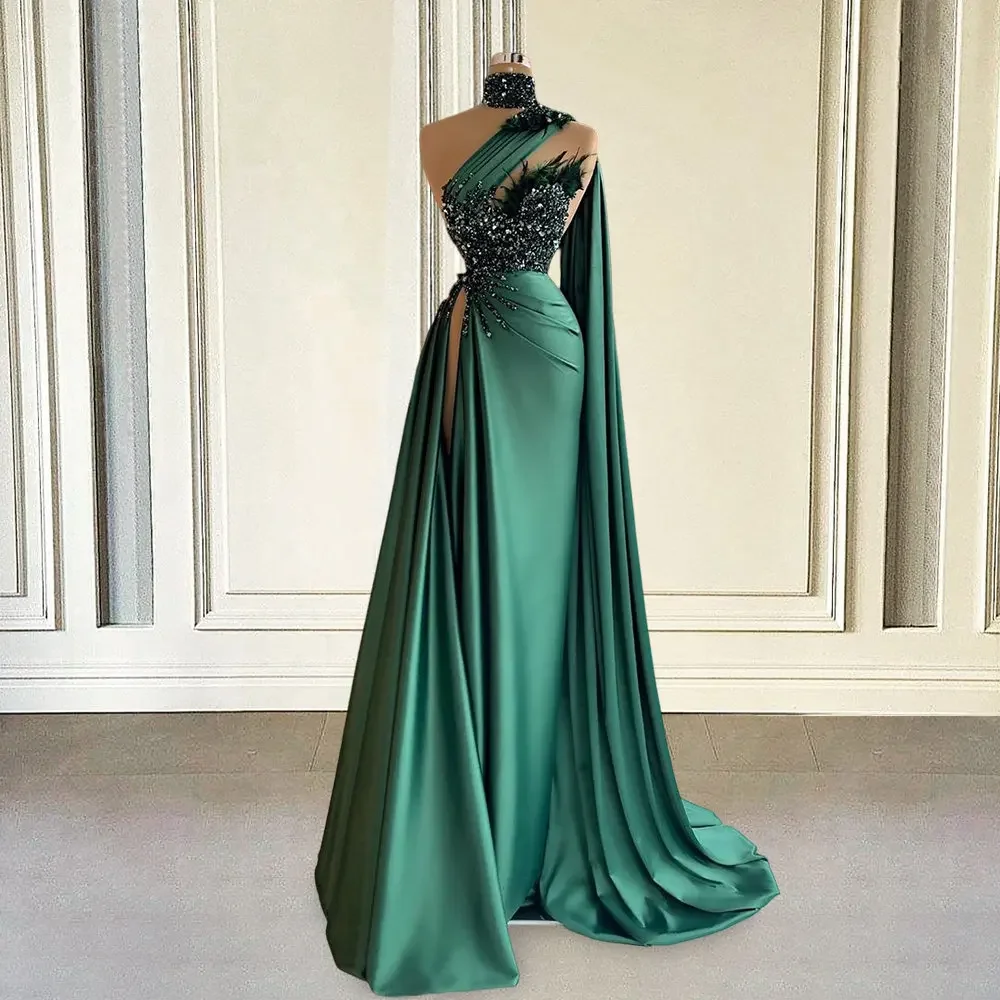 SWEMILE One Shoulder Dubai Satin Evening Dresses 2025 Luxury Bead Feather Shawl High Slit Green Women Formal Party Prom Gowns