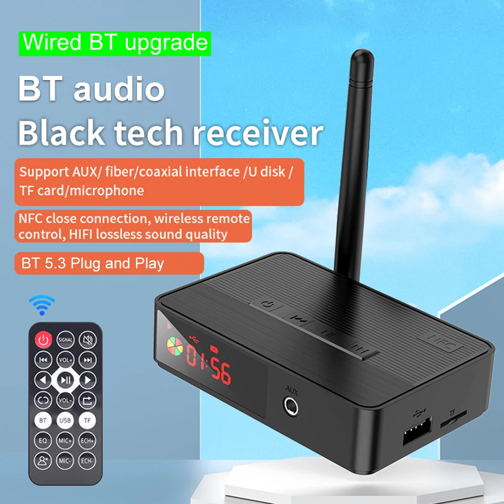 NFC 블루투스 호환 5.3 HIFI 무선 오디오 어댑터, AUX 오디오 리시버, 광 동축, 마이크, U 디스크, TF 카드, 리모컨 포함, 3.5mm