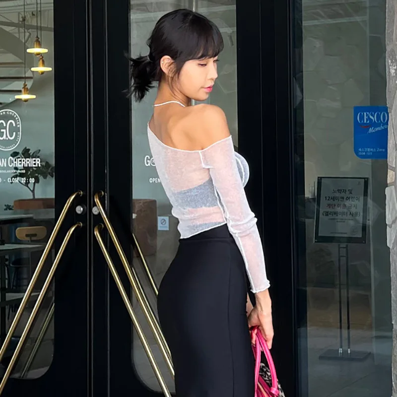 Top corto de un solo hombro con purpurina negra transparente, ajustado, liso, para mujer, top sexy de malla Y2K para fiesta, verano 2025