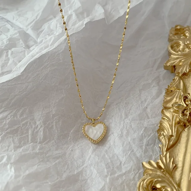 Necklace from steel, gold colour - doubled chain, pendant heart, writing  Love