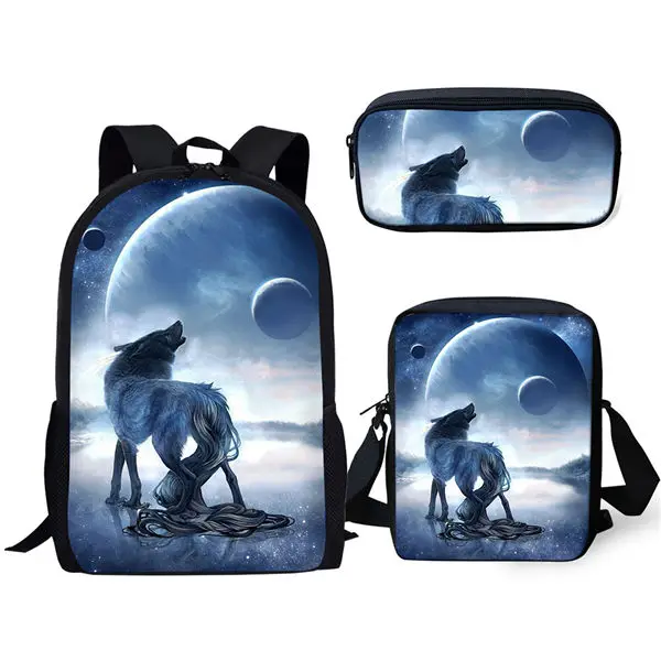 Classic Fashion Novelty Moon Wolf 3D Print 3pcs/Set pupil School Bags Laptop Daypack Backpack Inclined shoulder bag Pencil Case