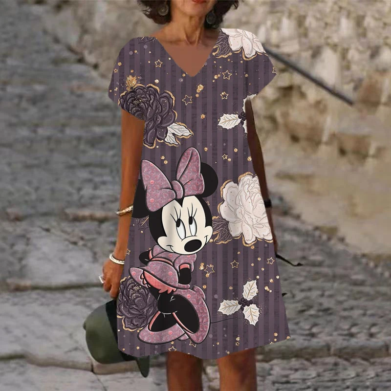thumbnail image 1 of Nuevos vestidos cortos sexis de verano para fiesta para mujer, vestido con cuello en V y estampado de Mickey Mouse de Disney, vestido hasta la rodilla de manga corta XS-5XL para mujer, 1 of 4